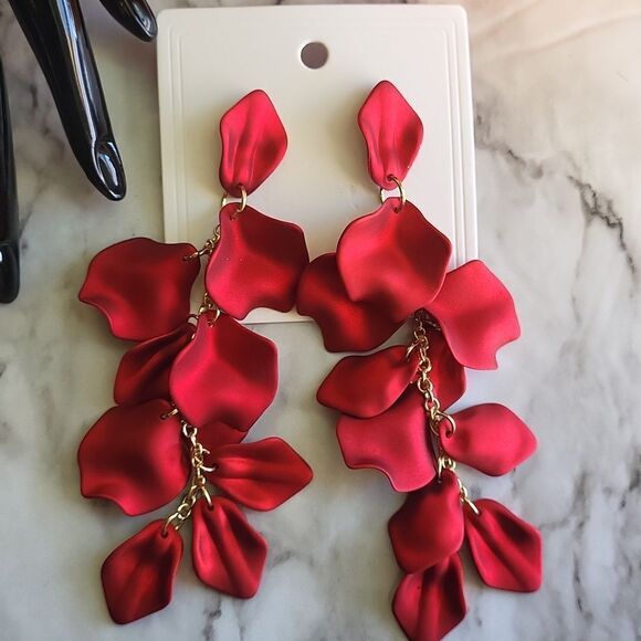 Red Rose Petal Long Earrings - Picture 10 of 15